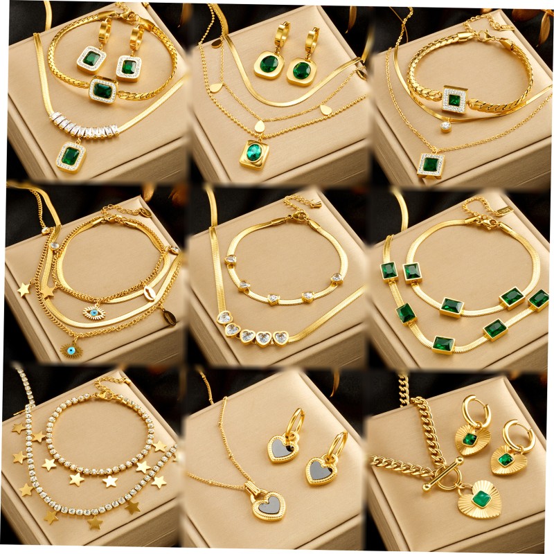 Square Ring Set Manufacturer - Ins Square Ring Inlaid Rainbow Color Zircon Necklace 18k Gold Plated Jewelry Set