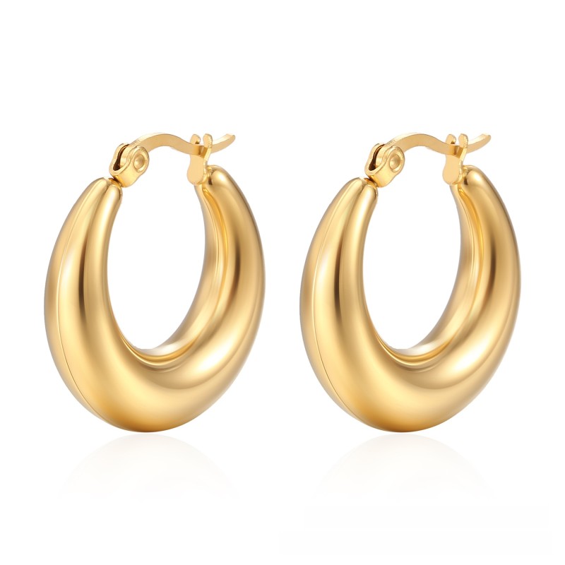 Hoop Earrings Supplier - Stainless Steel Lady Thick Round Daily Wear Gold Chunky Hoop Statement Earrings