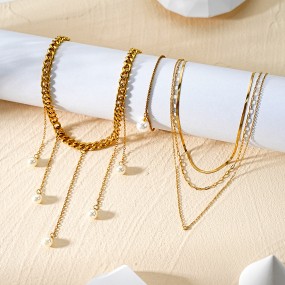 Stainless Steel Chain Necklace Manufacturer - Gold Plated Herringbone Layered Pearl Zircon