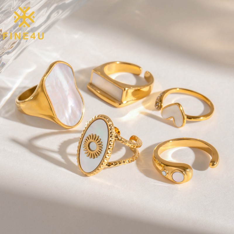 Stainless Steel Shell Ring Supplier - Gold Plated Waterproof Geometric Design Women Jewelry