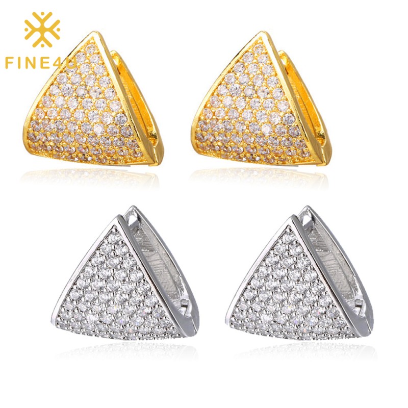 Stainless Steel Stud Earrings Manufacturer - Gold Plated Cube Triangle Zircon Pave Starry