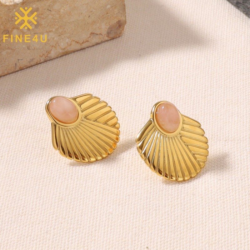 Stainless Steel Stud Earrings Supplier - Gold Plated Natural Stone Shell Shape Waterproof