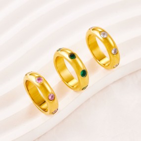 Stainless Steel Fashion Ring Factory - Customised Vintage Gold Plated Round Green Pink Zircon