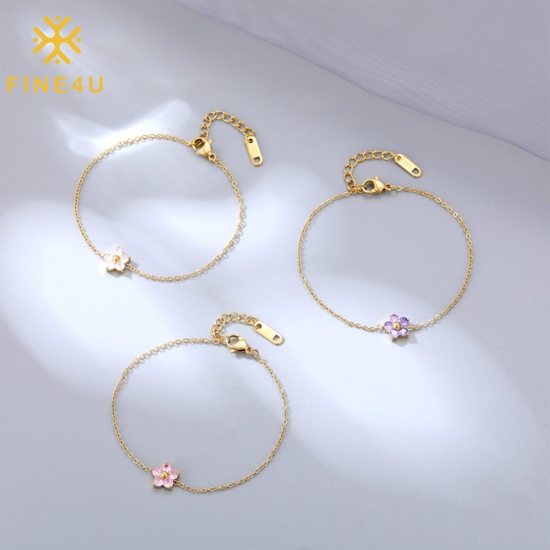 Stainless Steel Bracelet Set Factory - Thin Chain Adjustable Flower Pink Crystal Earring