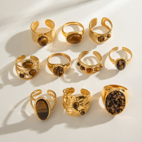 Stainless Steel Ring Set Manufacturer - Gold Plated Tiger Eye Hammered Open Women Jewelry