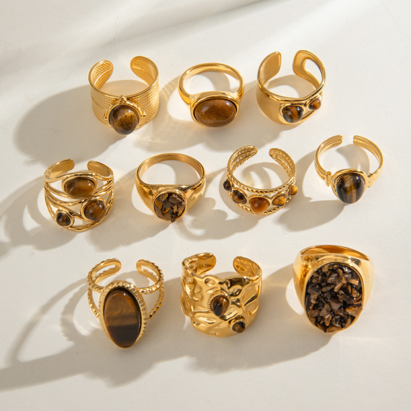 Stainless Steel Ring Set Manufacturer - Gold Plated Tiger Eye Hammered Open Women Jewelry