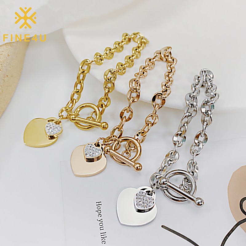 Stainless Steel Chain Bracelet Factory - Cubic Zirconia Heart Pendant OT Button Love Jewelry