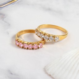 Stainless Steel Cz Ring Supplier - Gold Plated Pink Clear Zircon Multi Stone Tarnish Free
