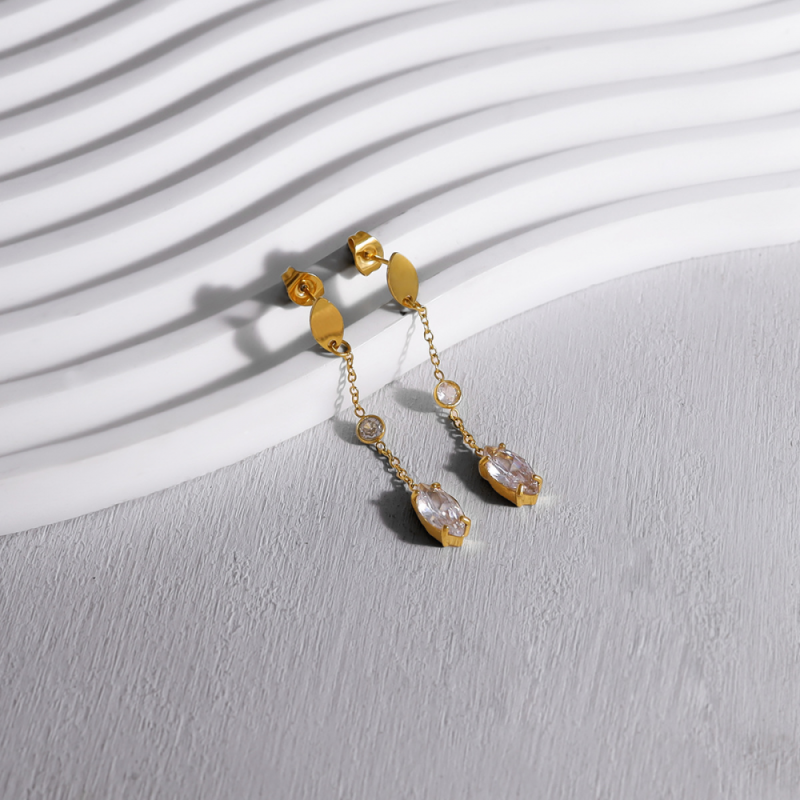 Stainless Steel Hanging Earrings Manufacturer - Gold Electroplated Chain Inlaid Zircon Non-fading