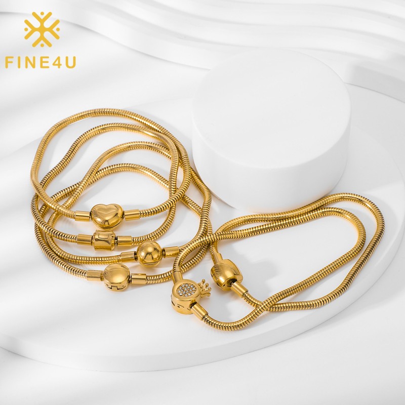 Stainless Steel Snake Chain Bracelet Supplier - Gold Plated Crown Charm Heart Clasp 3mm