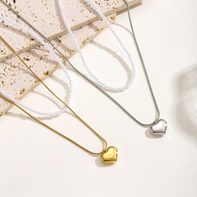 Stainless Steel Double Necklace Supplier - Gold Plated Pearl Heart Pendant Waterproof Jewelry