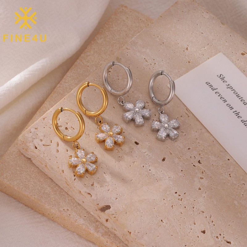 Stainless Steel Hoop Earrings Factory - Gold Plated Cubic Zirconia Flower Non Tarnish