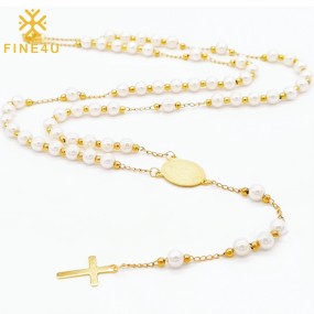 Stainless Steel Rosary Necklace Factory - Gold Plated Virgin Mary Pearl Beaded Religious