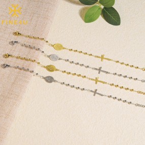 Stainless Steel Rosary Bracelet Manufacturer - Christian Cross Virgin Mary Gold Plated