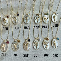 Brass Birthflower Necklace Factory - Gold Plated Floral Oval Birth Month Flower Pendant