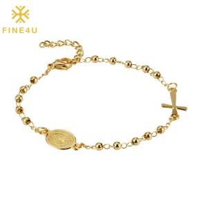 Stainless Steel Rosary Bracelet Factory - Christian Cross Pendant Gold Plated