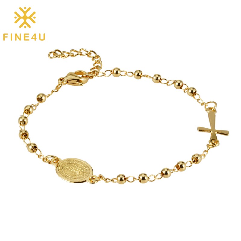 Stainless Steel Rosary Bracelet Factory - Christian Cross Pendant Gold Plated