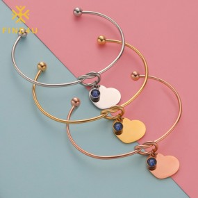 不锈钢手镯袖口工厂 - 镀金爱心吊饰生辰石开口生日饰品