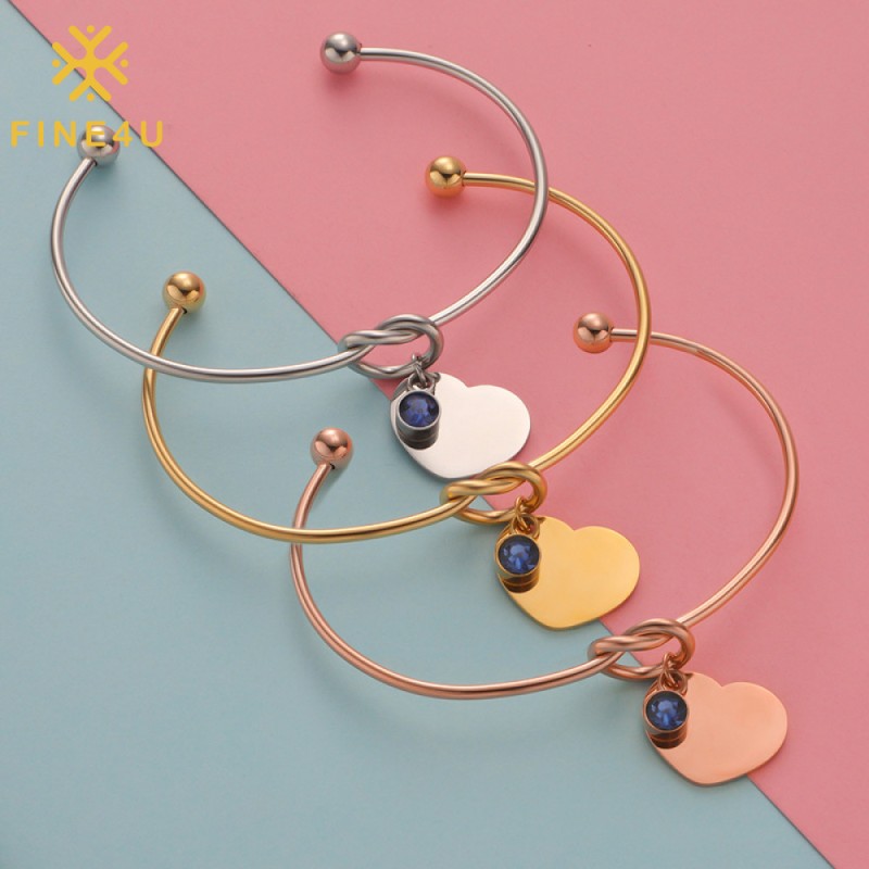 Stainless Steel Bangle Cuff Factory - Gold Plated Heart Charm Birthstone Open Birthday Jewelry