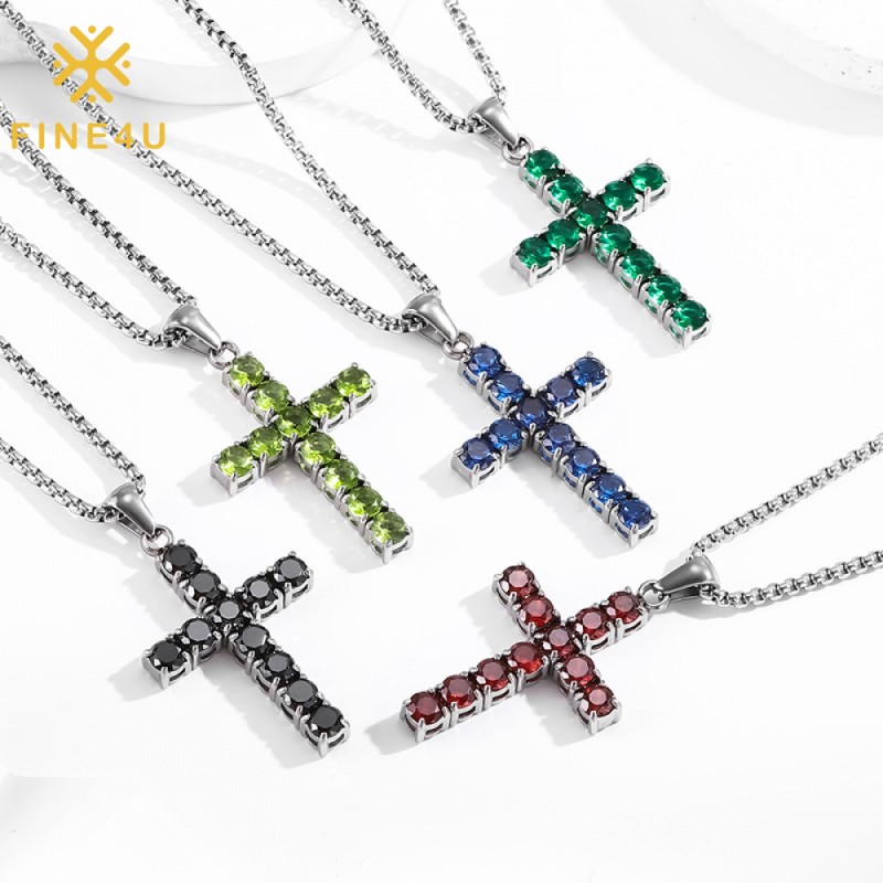 Stainless Steel Cross Pendant Necklace Manufacturer - Chunky Crystal Zircon Men Jewelry