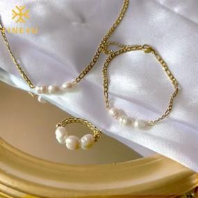 Stainless Steel Pearl Jewelry Set Factory - Gold Plated Fresh Water Pearl Necklace Bracelet Ring