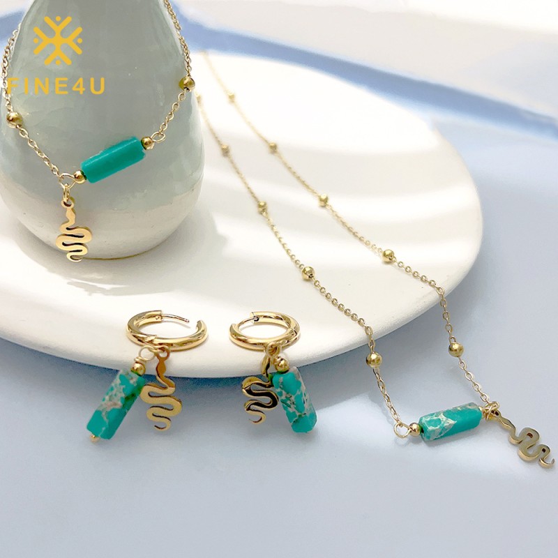 Stainless Steel Jewelry Set Factory - Natural Stone Bead Snake Pendant Turquoise Girls Set