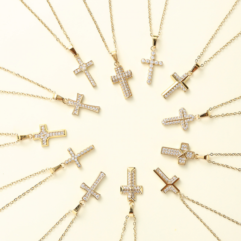 Stainless Steel Cross Pendant Necklace Manufacturer - Gold Plated Waterproof Zircon Religious