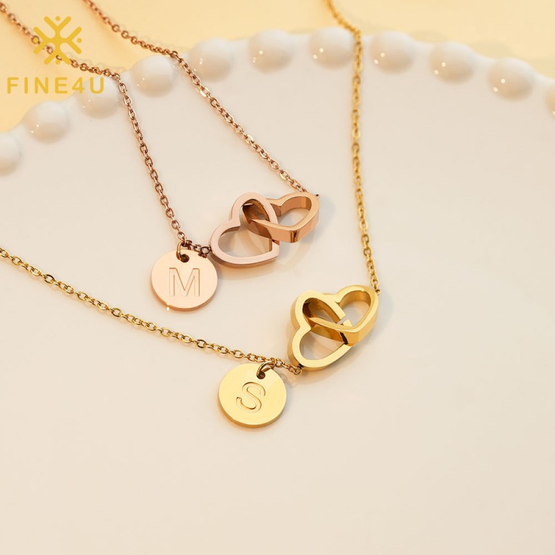 Stainless Steel Jewelry Set Supplier - Gold Plated Double Heart Initial Letter Charm Set