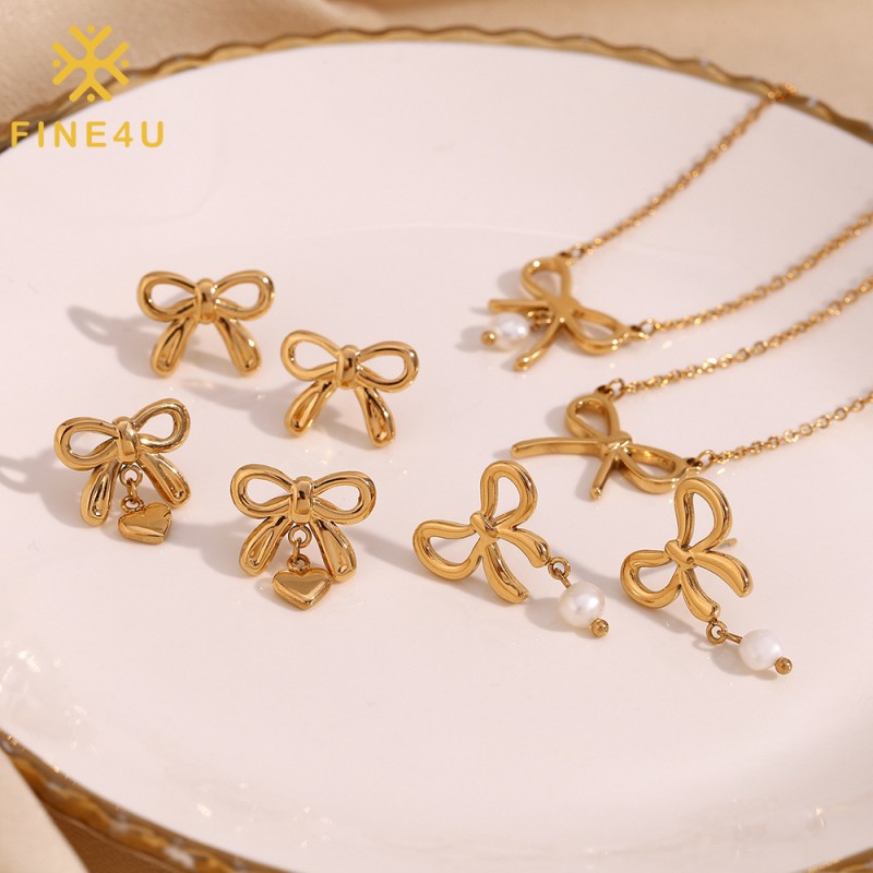 Stainless Steel Jewelry Set Factory - Gold Plated Pearl Heart Bow Butterfly Knot Charm Set