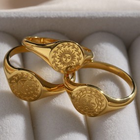 Stainless Steel Ring Supplier - Vintage Sun Moon Engraved Gold Plated Women Jewelry