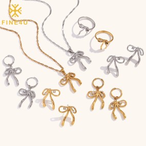 不锈钢饰品套装供应商 - 镀金蝴蝶结项链耳环防水