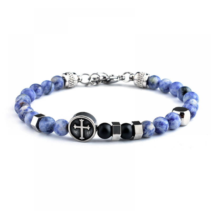 Stainless Steel Bracelet Supplier - Handmade Cross Bead Onyx Peacock Agate Natural Gems