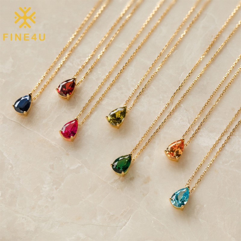 Stainless Steel Birthstone Necklace Supplier - Gold Plated Zircon Teardrop Pendant