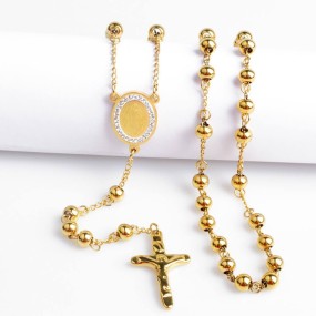 Stainless Steel Rosary Necklace Supplier - Gold Plated Virgin Mary Cross Religious Jewelry