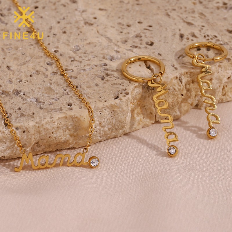 Stainless Steel Jewelry Set Factory - Gold Plated Cubic Zirconia Mama Necklace Earrings