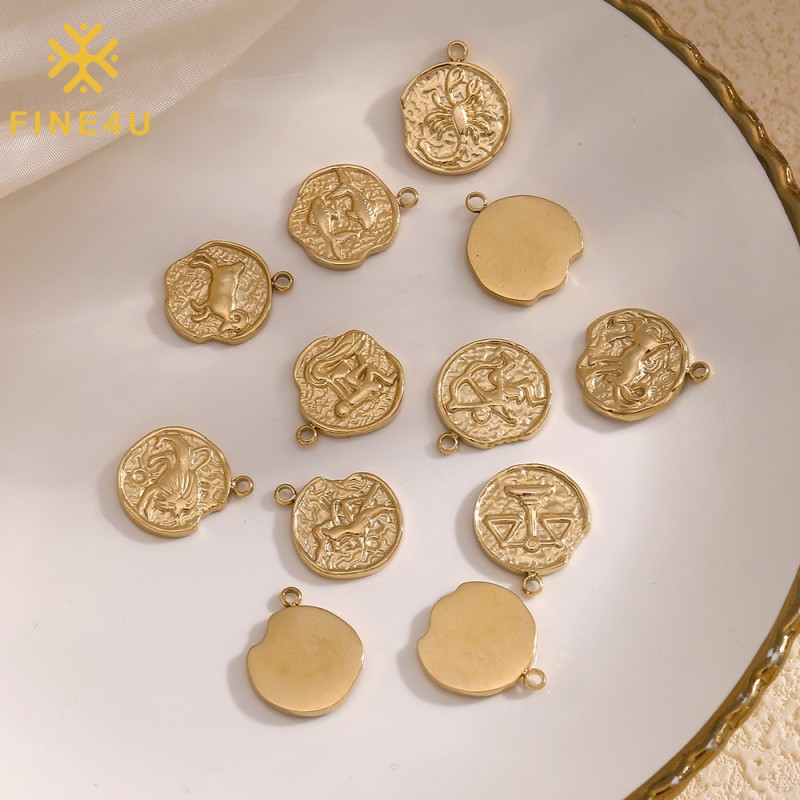 Stainless Steel Zodiac Charms Supplier - Vintage Embossed 14k Gold Plated 12 Zodiac Pendant