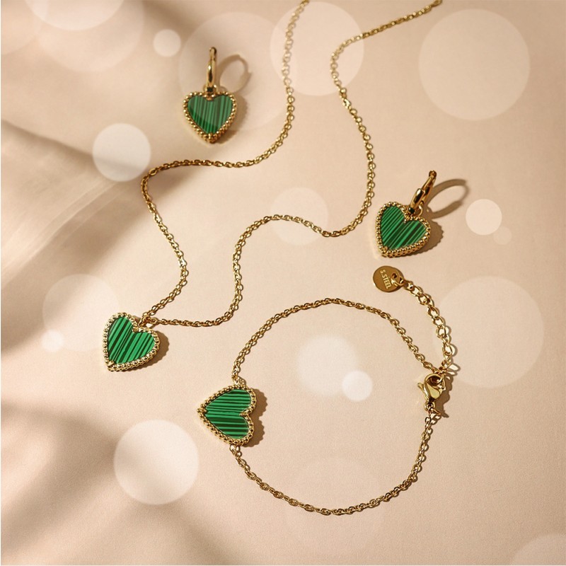 Green Heart Set Factory - Fashion 18k Gold Plated Green Heart Necklace Earrings Bracelet Set Exquisite Stainless Steel