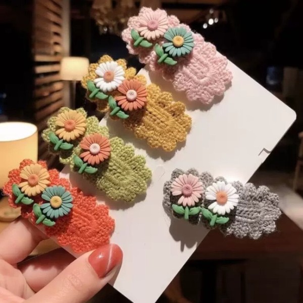 雏菊发夹生产厂家-可爱雏菊花儿童发夹女童花卉装饰针织钩针发夹
