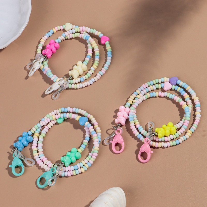 Bear Chain Supplier - Cute New Resin Bear Macaron Colored Beads Romantic Heart Cartoon Children's Mask Chain