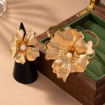 花叶套装生产厂家-时尚合金金属金色花叶大手镯派对婚礼开口可调节