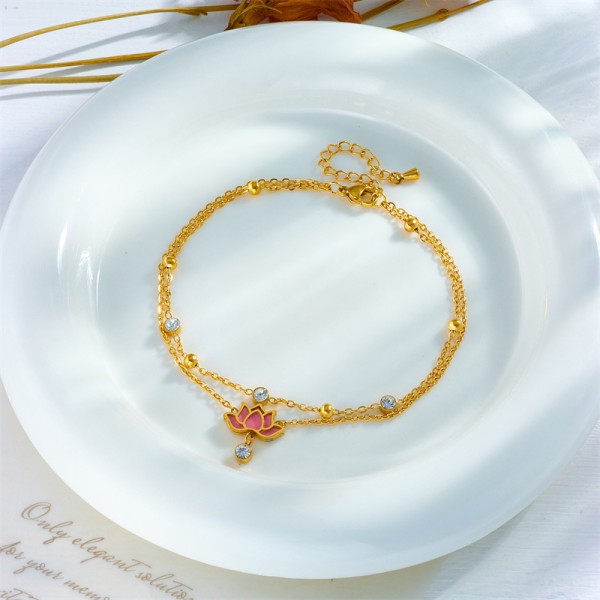 Double Layer Supplier - New Fashion Beach Jewelry Non Tarnish Double Layer Stainless Steel 18k Gold Zircon Flower