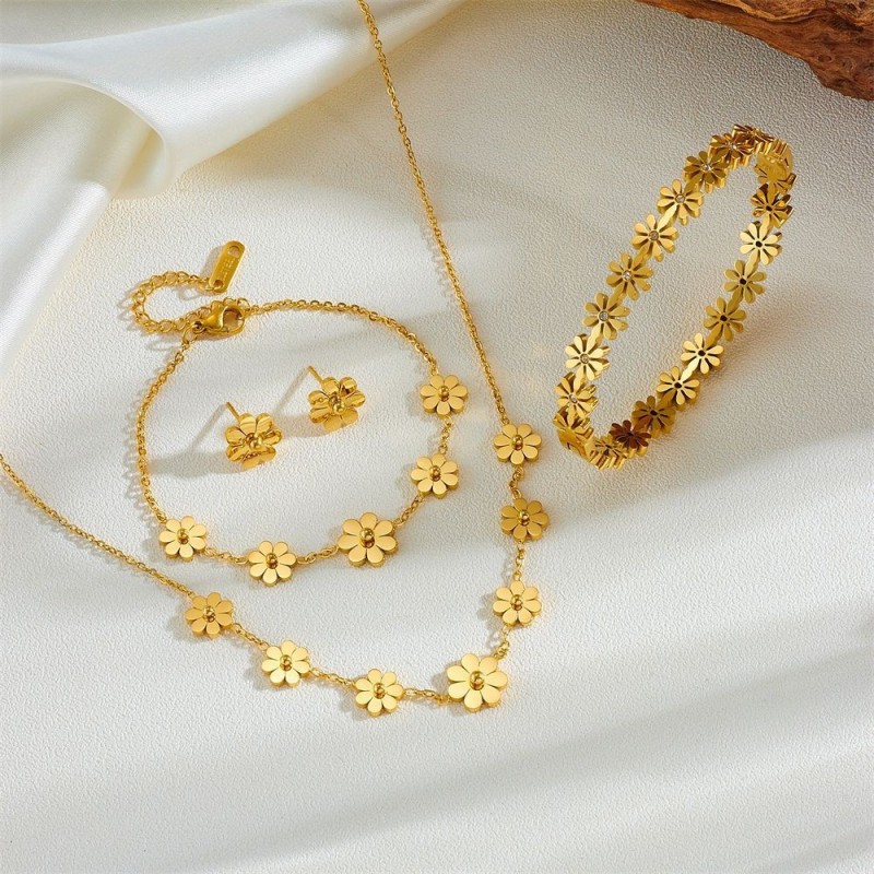 Daisy Set Supplier - Hot Selling Waterproof Stainless Steel Daisy Flower Bracelet Earrings Anklet 18k Gold Plated