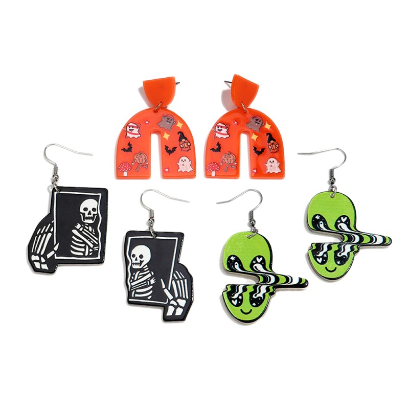 Gothic Earrings Supplier - Gothic Funny Party Jewelry Colorful Horror Print Ghost Bat Skeleton Acrylic