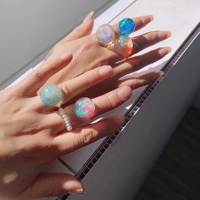 Transparent Ring Supplier - 2025 Summer New Geometric Transparent Ring Colorful Star Ball Iridescent Imitations Opal