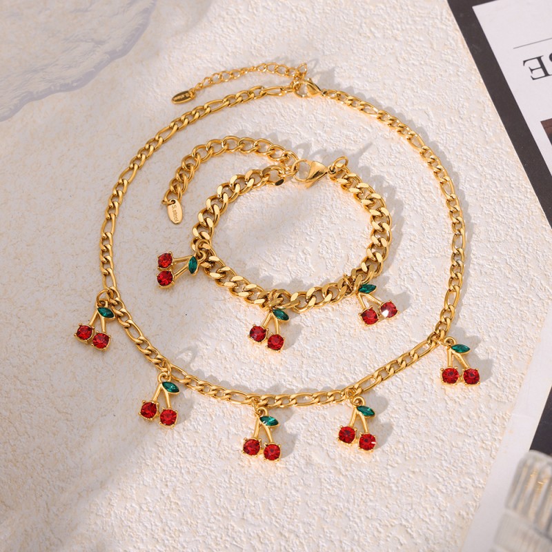 Cherry Set Supplier - A Fashionable Stainless Steel Gold-plated Necklace Bracelet Cherry-decorated Jewelry Set for Women