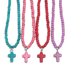 Beaded Necklace Factory - Ins Simple Colorful Beaded Necklace Jesus Cross Pendant Natural Stone Turquoise