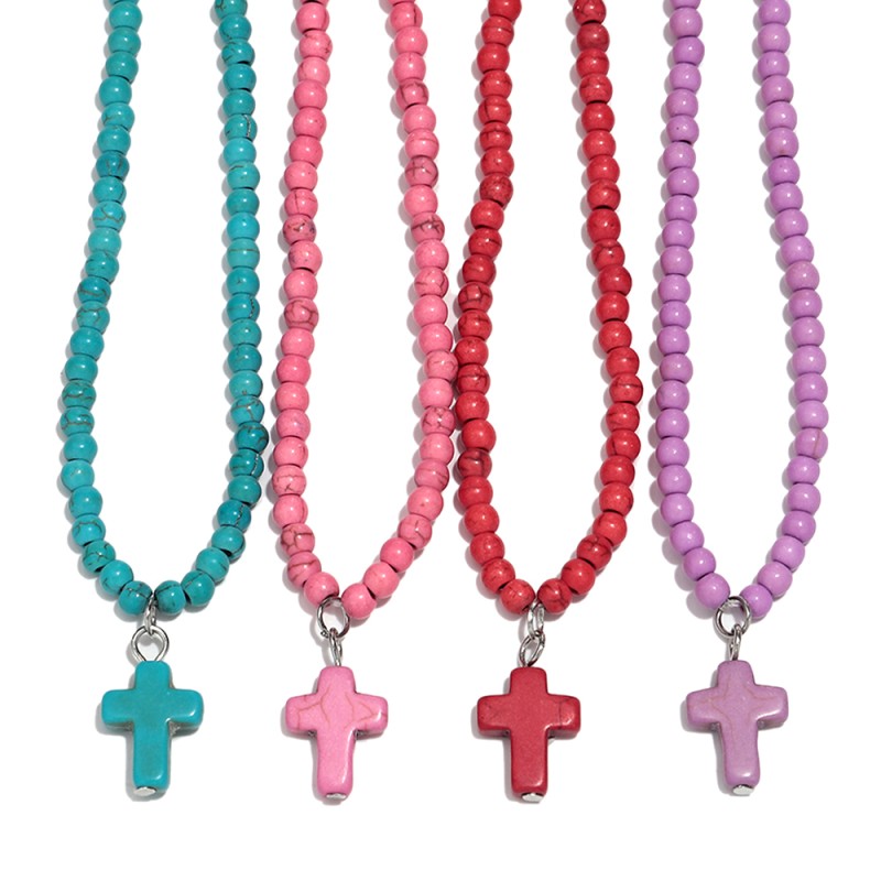 Beaded Necklace Factory - Ins Simple Colorful Beaded Necklace Jesus Cross Pendant Natural Stone Turquoise