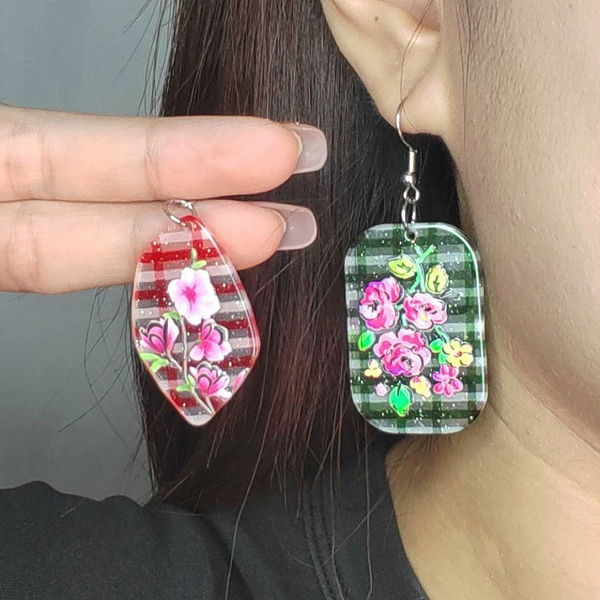 Geometric Earrings Manufacturer - Pastoral Striped Grid Flower Print Acrylic for Women
