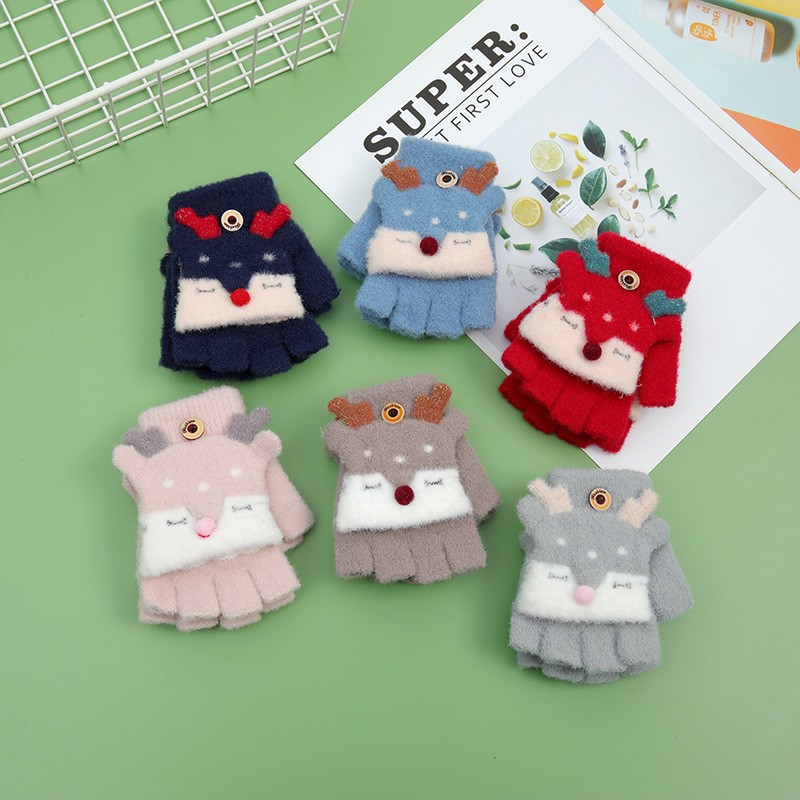 Children Gloves Factory - OEM Warm Fleecing Christmas Elk Half-finger Gloves