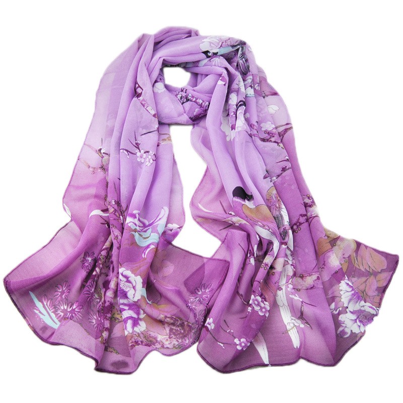 Chiffon Scarf Manufacturer - OEM 10 Colors Printed Flower Bird Silk
